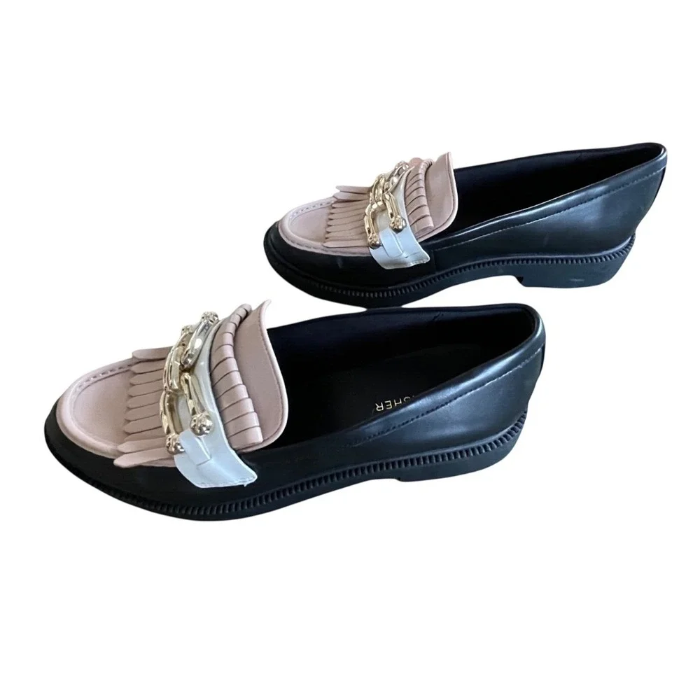 Marc Fisher Calisto Tri-Tone Kiltie Chain Loafers Black Beige White 7.5M